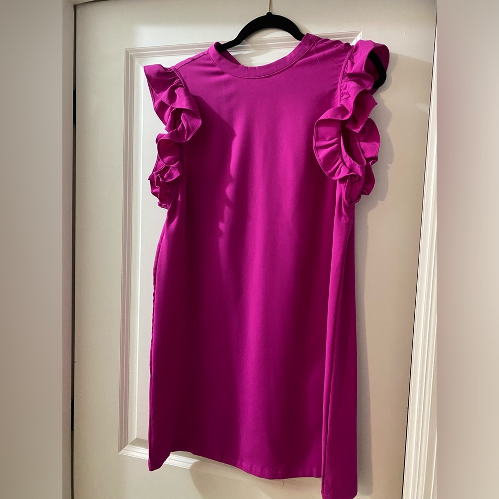 Hot pink ruffle sleeved cocktail dress